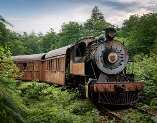 Obraz premium Tren abandonado, corroido por el paso del tiempo, entre maleza