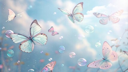 Soft Focus Holographic Background with Delicate Butterflies in Pastel Colors, holographic background, ornate details, delicate patterns, soft focus