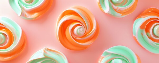 Soft pastel swirls of orange and mint green on a solid pink background.