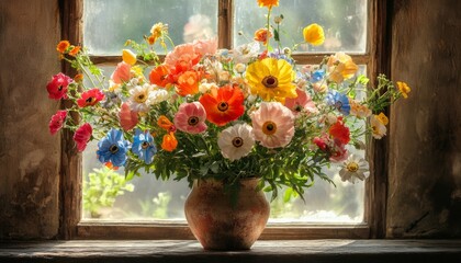Vibrant colorful flower bouquet in a rustic vase by a window.