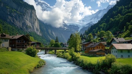 Obraz premium Swiss Alps Village with River and Bridge