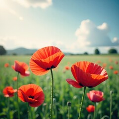 Softly focused poppies in a serene environment, soft focus, floral, idyllic