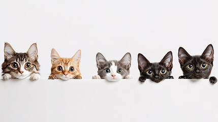 Cats and dogs peeking over a white banner.