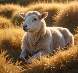 Obraz premium Softly glowing sunbeams illuminate a resting lamb amidst a sea of golden straw , peaceful, sunlight