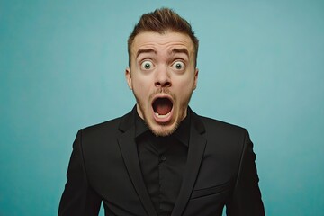 the man in the suit is scared. shock. on a plain colored background. studio photo. hair on end