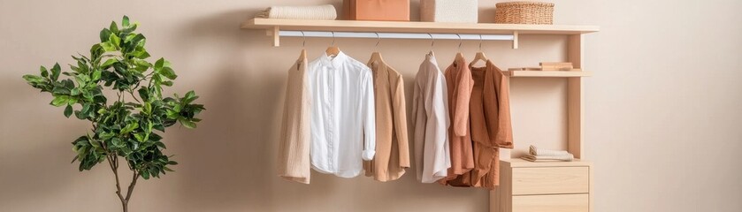 Fototapeta premium Stylish wardrobe setup showcasing minimalistic clothing and decor.