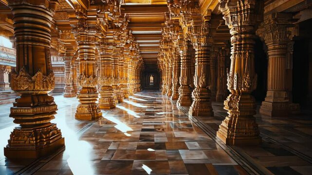 Majestic temple hall with ornate columns and intricate stonework illuminated by sunlight