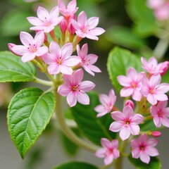 Naklejka premium Soft pink blooms on a small plant with green leaves and white stems, soft pink, bloom, plant