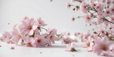 Fototapeta premium Soft pink flowers scattered on a white background, soft pink, love flowers, roses