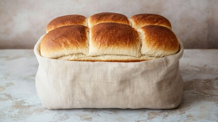 food safety storage quality concept. Freshly baked bread rolls in a woven basket on a textured surface.