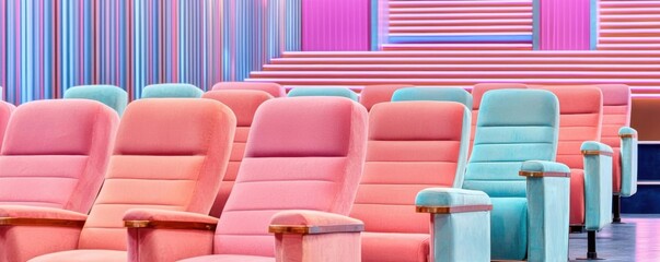 Vibrant cinema seats in pastel colors for a modern viewing experience.