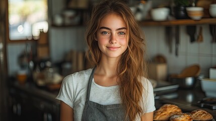A young woman with long brown hair and blue eyes smiles at the camera while wearing a grey apron in a kitchen setting.