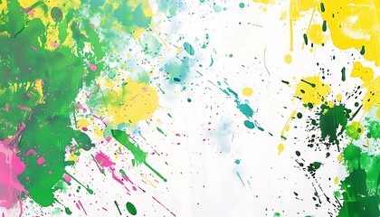 Vibrant background with splashes of green, yellow, and pink on solid white.