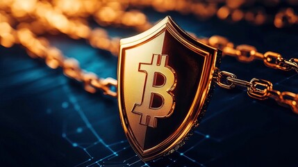 A golden Bitcoin shield rests on a digital background, symbolizing security and value in cryptocurrency.