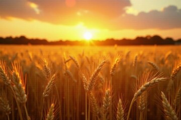 Obraz premium Warm light dances across golden wheat fields at sunset, golden hues, wheat field