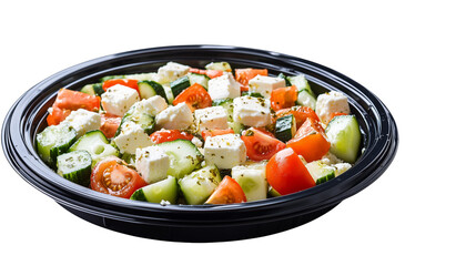 A Greek salad with feta cheese, cucumber, and tomatoes on a black plastic plate, on  Transparent PNG format background. 