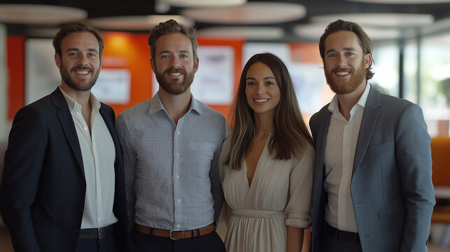 A group of four digital marketers, two men and two women, dressed in stylish casual business attire, standing in a modern office with blurred screens displaying social media analytics.