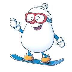 Fototapeta premium Cartoon character snowman on a snowboard, cheerful expression, winter sports theme
