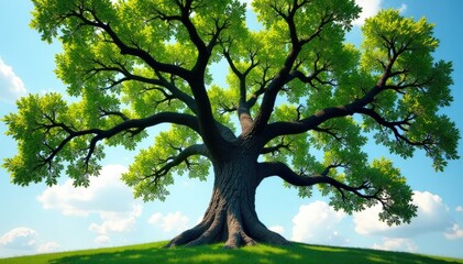 Fototapeta premium Majestic oak pierces the sky with gnarled branches, nature, leaves