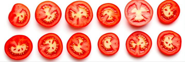 Fresh Tomato Slices Isolated on White Background. Top View of Raw Tomato Vegetable Slices with Clipping Path