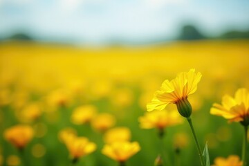 Fototapeta premium Marigold field in soft focus with gentle breeze, peaceful, marigold field, yellow