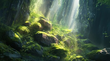 Sunbeams illuminate mossy rocks in a lush forest ravine; nature background