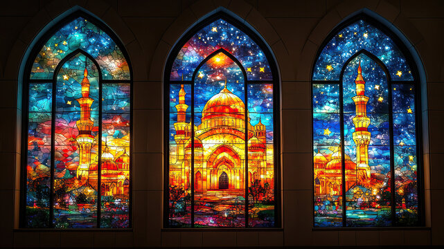 Vibrant stained glass mosque art with intricate starry sky details for interior design