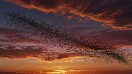 A flock of starlings flying in a mesmerizing murmuration against a colorful sunset sky, their dark silhouettes contrasting with the vibrant oranges and pinks of the horizon.