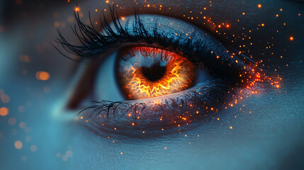 Medical device with eye image on screen symbolizing eye tracking technology minimalistic design bright tone modern blurred background empty caption space on the side

