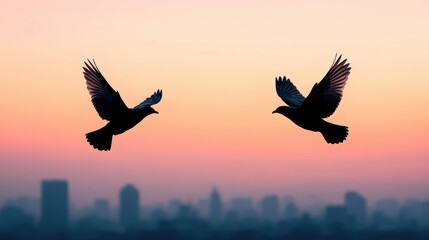 Obraz premium Two birds flying over city skyline at sunset, conveying freedom and urban wildlife