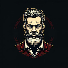 portrait of bearded man in red shirt, barbershop logo or icon