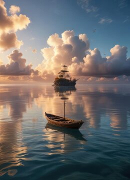 Petite bateau en bois flottant sur une mer avec des nuages, boats on a sea, sailing vessel