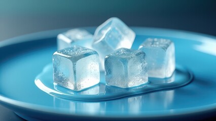 Fresh ice cubes melting on a blue plate with scattered water droplets and reflections	