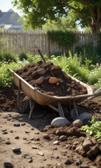 Fototapeta premium Pitchfork and compost heap against a garden wheelbarrow background, soil enrichment, composting, natural fertilizers