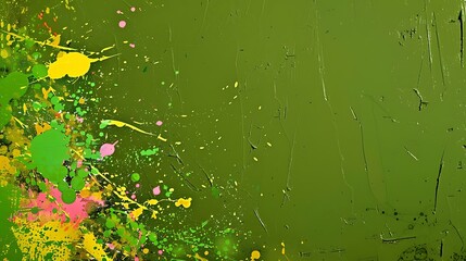 Vibrant background with splashes of green, yellow, and pink on solid olive green.