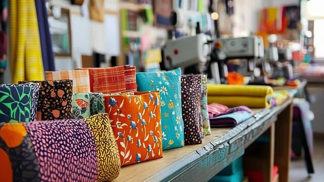 A display of various upcycled textile products arranged neatly in a workshop showcasing vibrant colors and patterns with sewing machines and materials visible in the background to emphasize