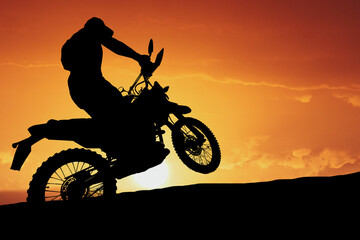 Sunset Motocross Silhouette: A powerful silhouette of a motocross rider performing a wheelie against a vibrant sunset backdrop.  The image captures the thrill and excitement of extreme sports.