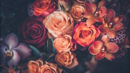 Fototapeta premium Close-Up of Roses and Orchids in Rich Warm Hues for Elegant Floral Design
