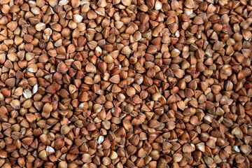 Buckwheat Close-up. Buckwheat grains, brown in color with a variety of shades and textures. Buckwheat looks natural and appetizing. 