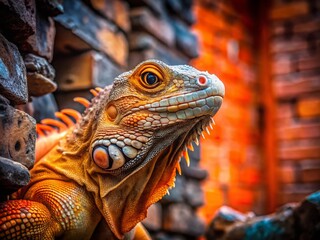 Fototapeta premium Orange Iguana Urban Exploration: Intense Gaze in Abandoned Building