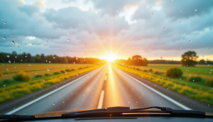 Obraz premium Beautiful sunrise illuminating rainy countryside road, hope and renewal