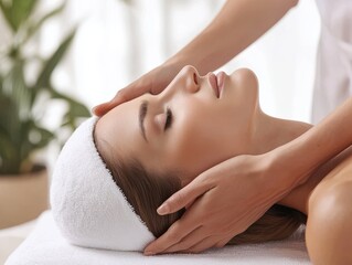 Obraz premium A serene woman receives a relaxing facial treatment, with a soothing touch and a peaceful ambiance in a spa-like environment.