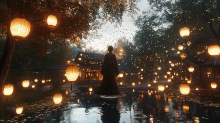 A serene scene with glowing lanterns and falling leaves by a pond at dusk creating a tranquil ambiance