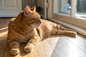 Orange Tabby Cat Relaxing on Hardwood Floor - Cozy Autumnal Scene