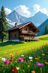 Fototapeta premium Sunny wooden chalet in green meadow with flowers, nature, alps