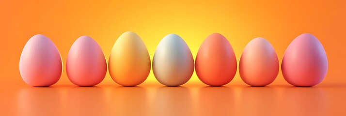 A sunset orange background with a symmetrical display of eggs in complementary pastel shades