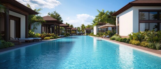 Fototapeta premium A serene resort with a crystal-clear pool surrounded by lush greenery and elegant villas under a bright blue sky.