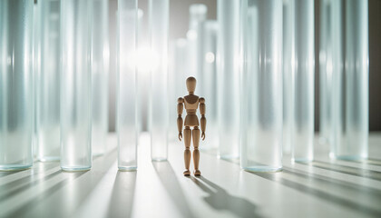 Fototapeta premium Wooden figurine surrounded by frosted glass tubes, abstract solitude
