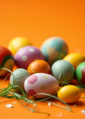 Colored easter eggs on orange background easter egg holiday illustration celebration easter