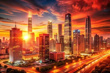 Fototapeta premium Red background with a sleek, modern cityscape at sunset, with skyscrapers and streets lit up in warm orange hues, metropolitan, illuminated buildings, cityscape, skyline, architecture
